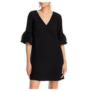 Aidan Mattox Womens Black V Neck 3/4 Sleeve Feather Trim Trapeze Dress Size 16‎
